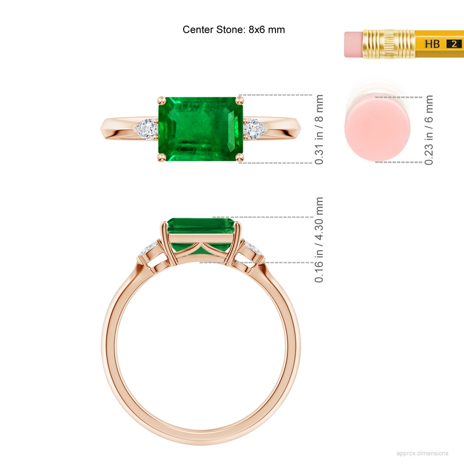 8x6mm AAAA Classic East-West Emerald-Cut Emerald Side Stone Engagement Ring in 18K Rose Gold ruler