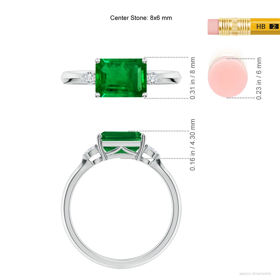 8x6mm AAAA Classic East-West Emerald-Cut Emerald Side Stone Engagement Ring in P950 Platinum ruler