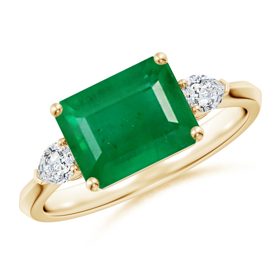 9x7mm AA Classic East-West Emerald-Cut Emerald Side Stone Engagement Ring in Yellow Gold 