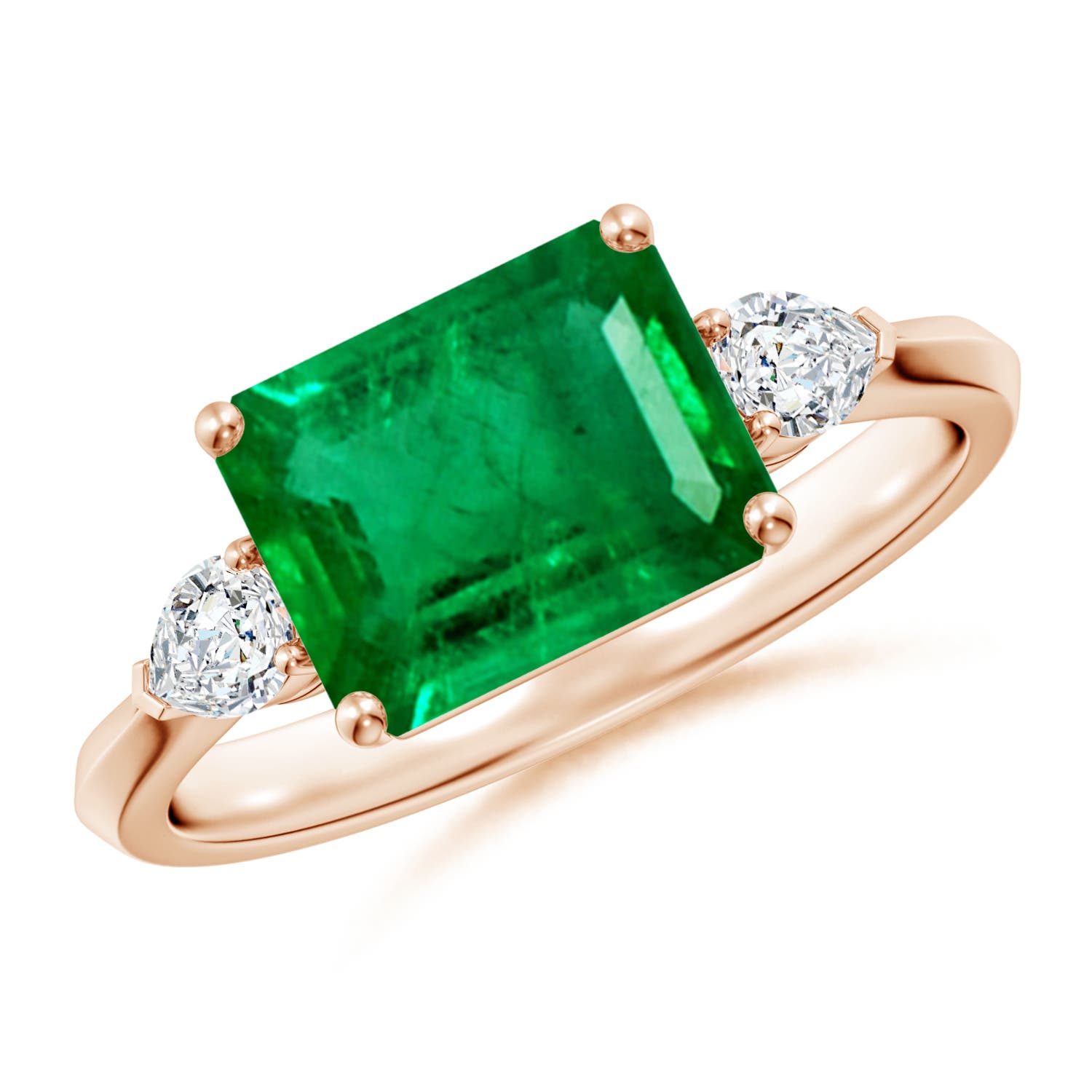 9x7mm AAA Classic East-West Emerald-Cut Emerald Side Stone Engagement Ring in 18K Rose Gold