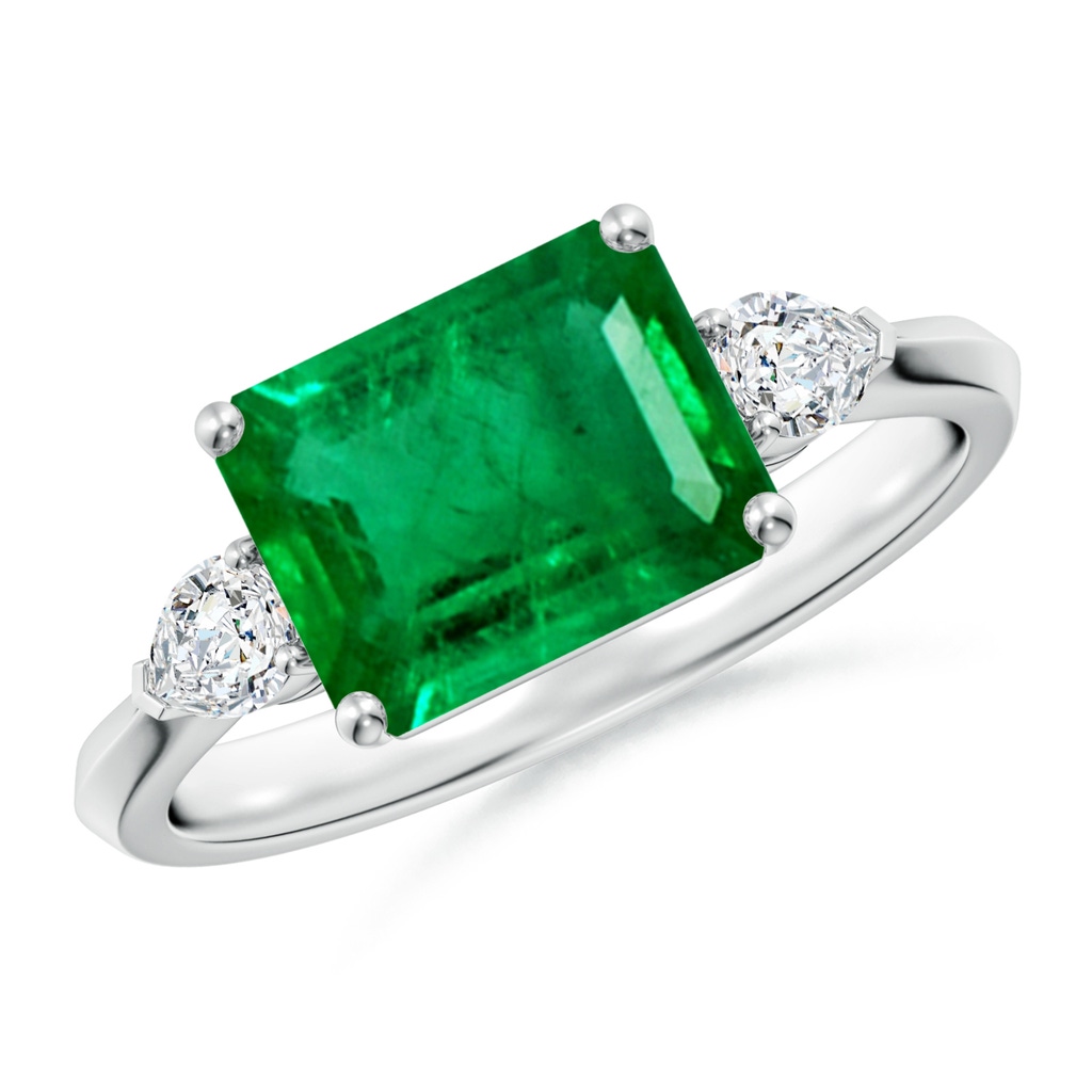 9x7mm AAA Classic East-West Emerald-Cut Emerald Side Stone Engagement Ring in White Gold