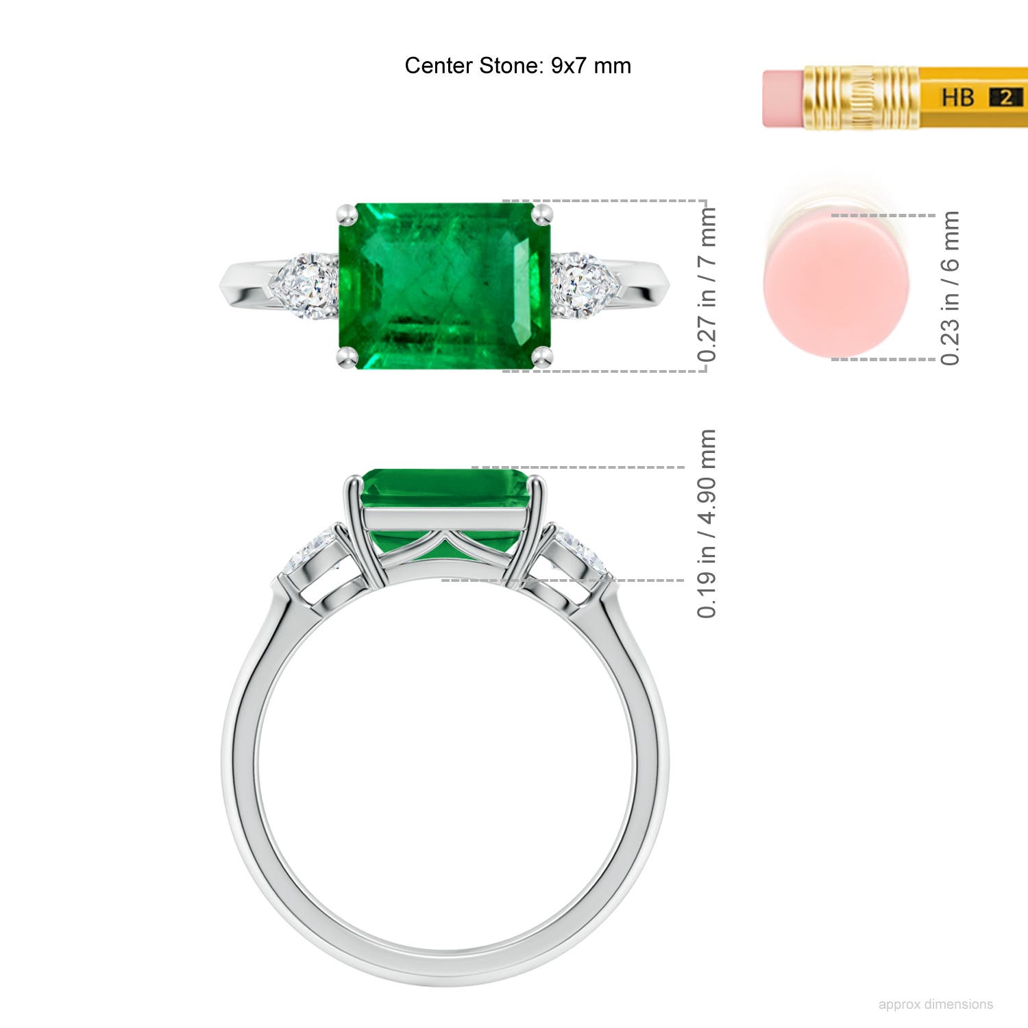 9x7mm AAA Classic East-West Emerald-Cut Emerald Side Stone Engagement Ring in White Gold - ruler
