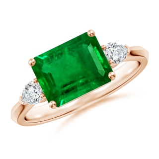 9x7mm AAAA Classic East-West Emerald-Cut Emerald Side Stone Engagement Ring in 18K Rose Gold