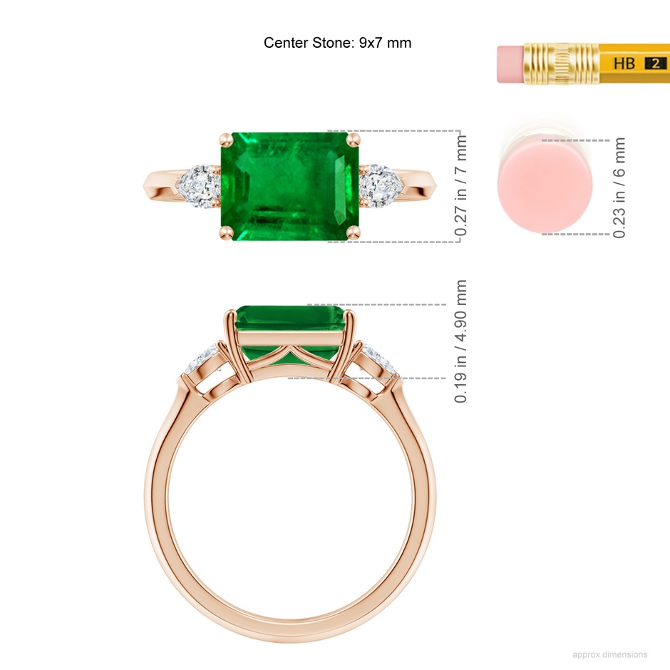 9x7mm AAAA Classic East-West Emerald-Cut Emerald Side Stone Engagement Ring in 18K Rose Gold ruler