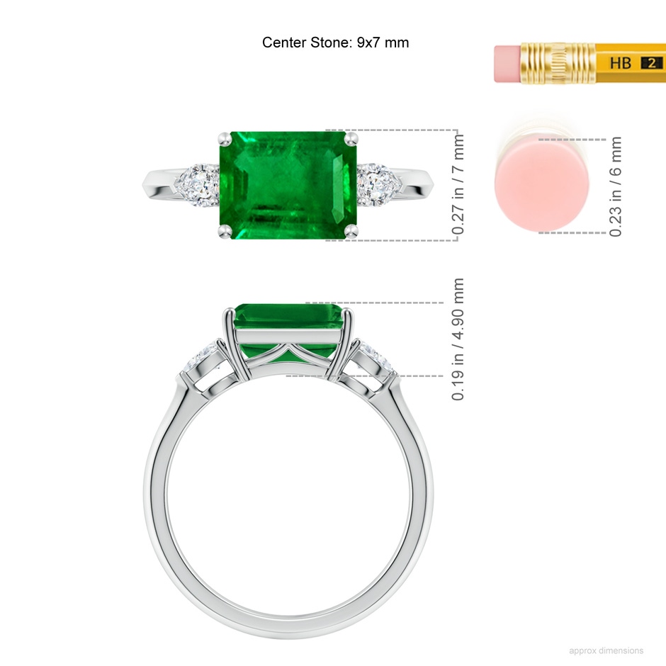9x7mm AAAA Classic East-West Emerald-Cut Emerald Side Stone Engagement Ring in P950 Platinum ruler