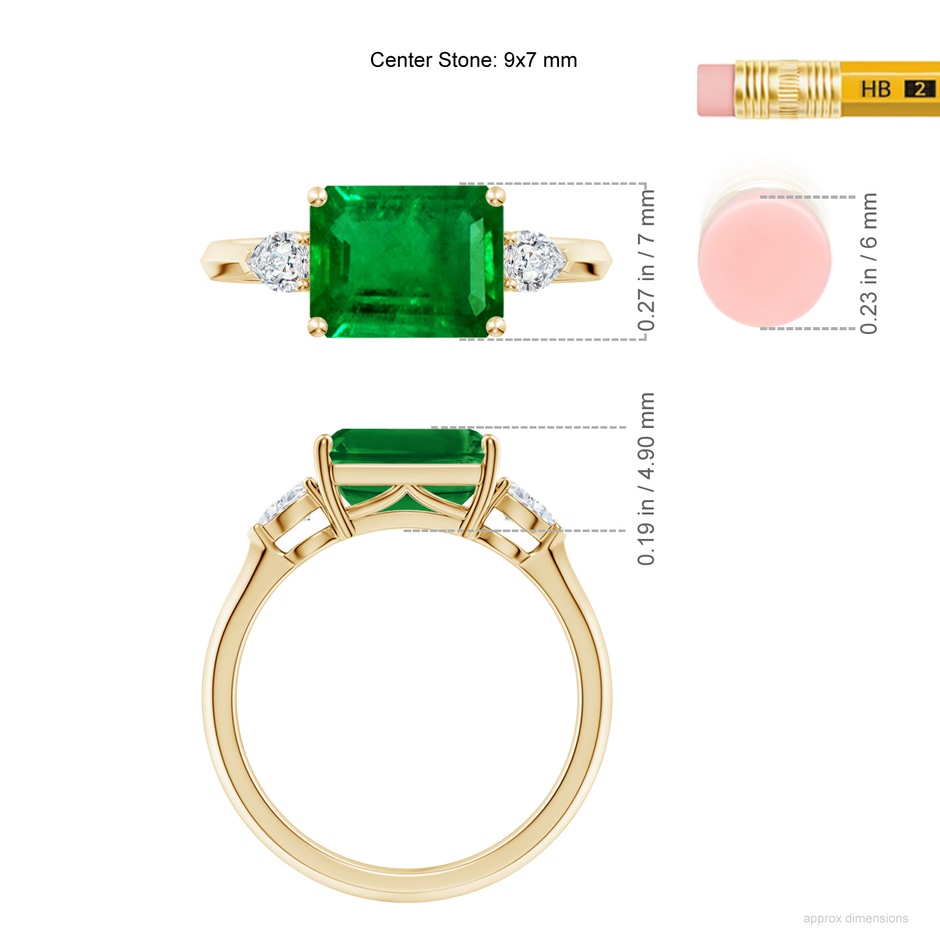 9x7mm AAAA Classic East-West Emerald-Cut Emerald Side Stone Engagement Ring in Yellow Gold ruler