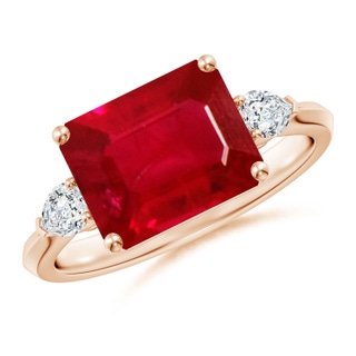 10x8mm AAA Classic East-West Emerald-Cut Ruby Side Stone Engagement Ring in 10K Rose Gold