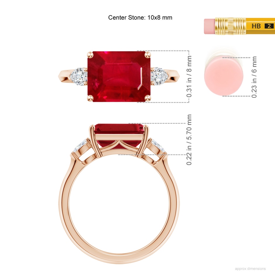10x8mm AAA Classic East-West Emerald-Cut Ruby Side Stone Engagement Ring in 18K Rose Gold ruler