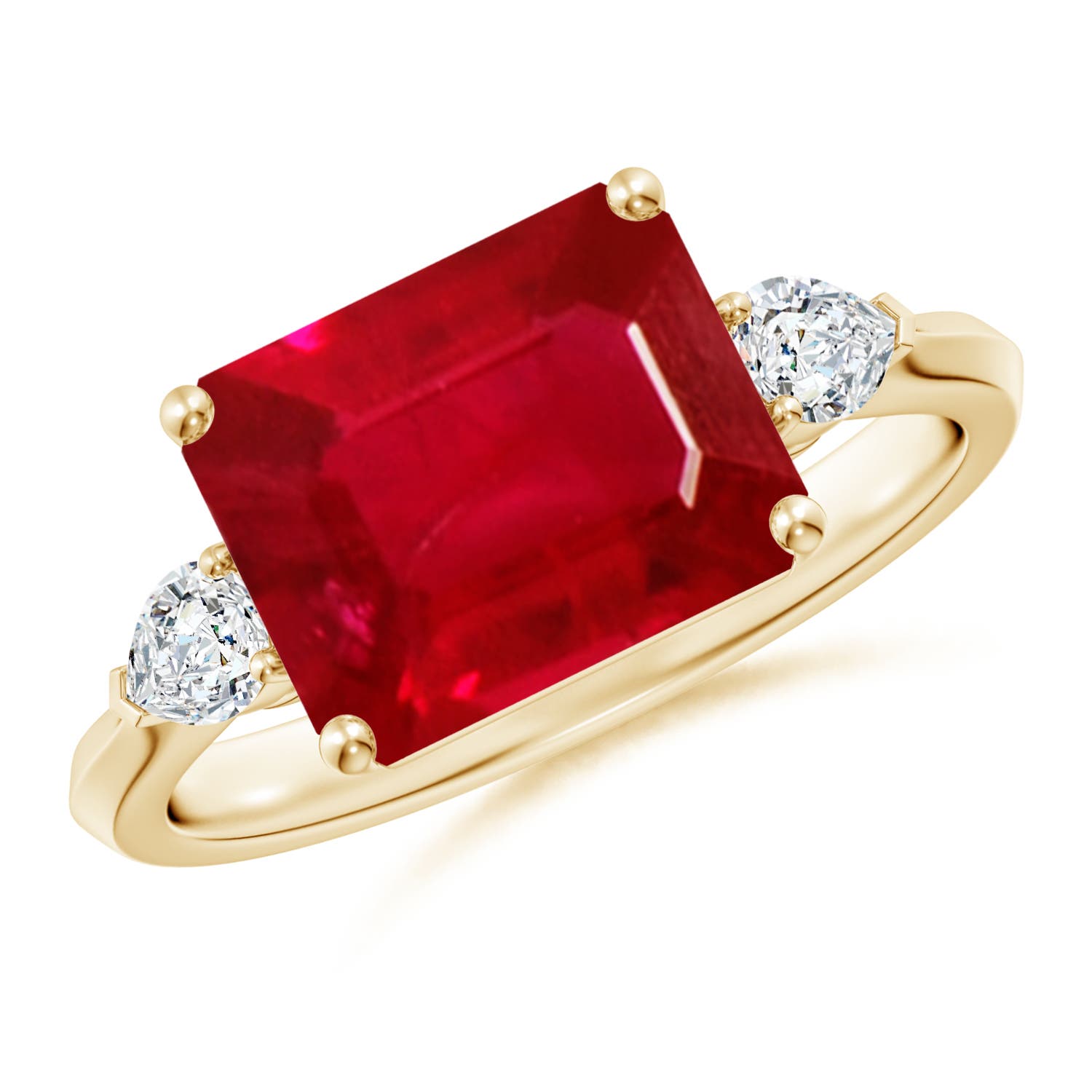 10x8mm AAA Classic East-West Emerald-Cut Ruby Side Stone Engagement Ring in Yellow Gold