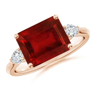 10x8mm AAAA Classic East-West Emerald-Cut Ruby Side Stone Engagement Ring in 18K Rose Gold