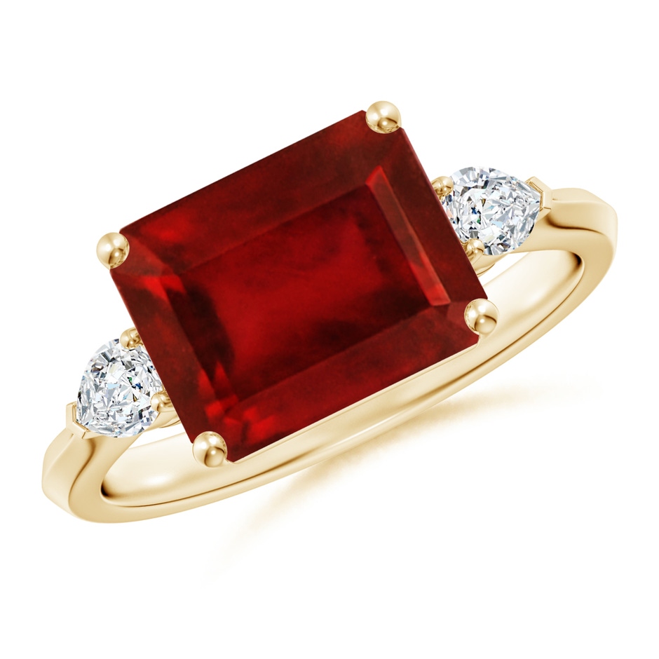 10x8mm AAAA Classic East-West Emerald-Cut Ruby Side Stone Engagement Ring in Yellow Gold 