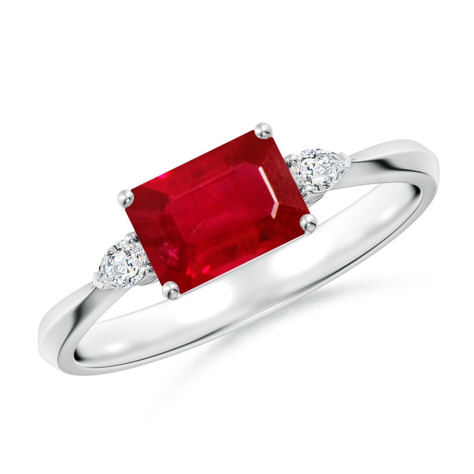 7x5mm AAA Classic East-West Emerald-Cut Ruby Side Stone Engagement Ring in White Gold 