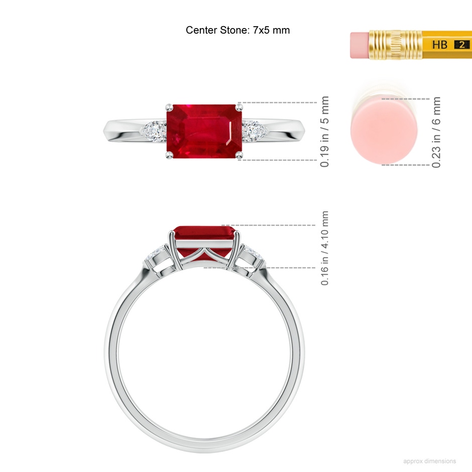 7x5mm AAA Classic East-West Emerald-Cut Ruby Side Stone Engagement Ring in White Gold ruler