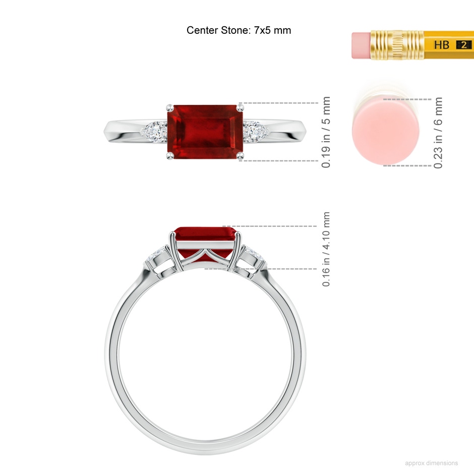 7x5mm AAAA Classic East-West Emerald-Cut Ruby Side Stone Engagement Ring in P950 Platinum ruler