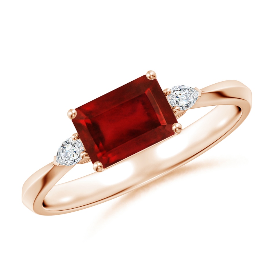 7x5mm AAAA Classic East-West Emerald-Cut Ruby Side Stone Engagement Ring in Rose Gold 