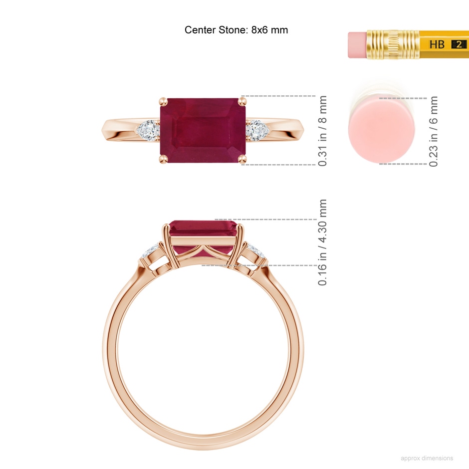 8x6mm A Classic East-West Emerald-Cut Ruby Side Stone Engagement Ring in Rose Gold ruler