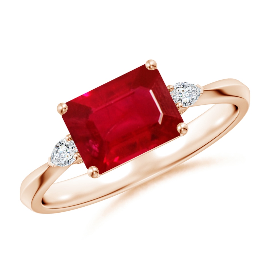 8x6mm AAA Classic East-West Emerald-Cut Ruby Side Stone Engagement Ring in Rose Gold 