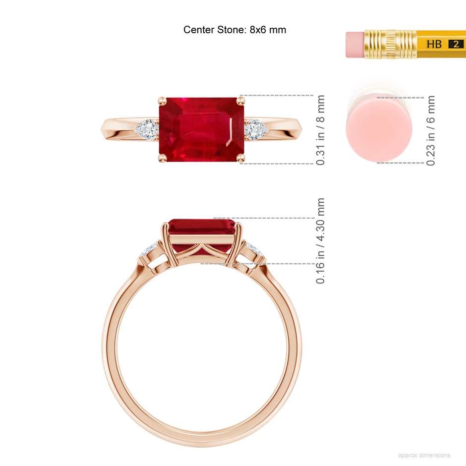 8x6mm AAA Classic East-West Emerald-Cut Ruby Side Stone Engagement Ring in Rose Gold ruler