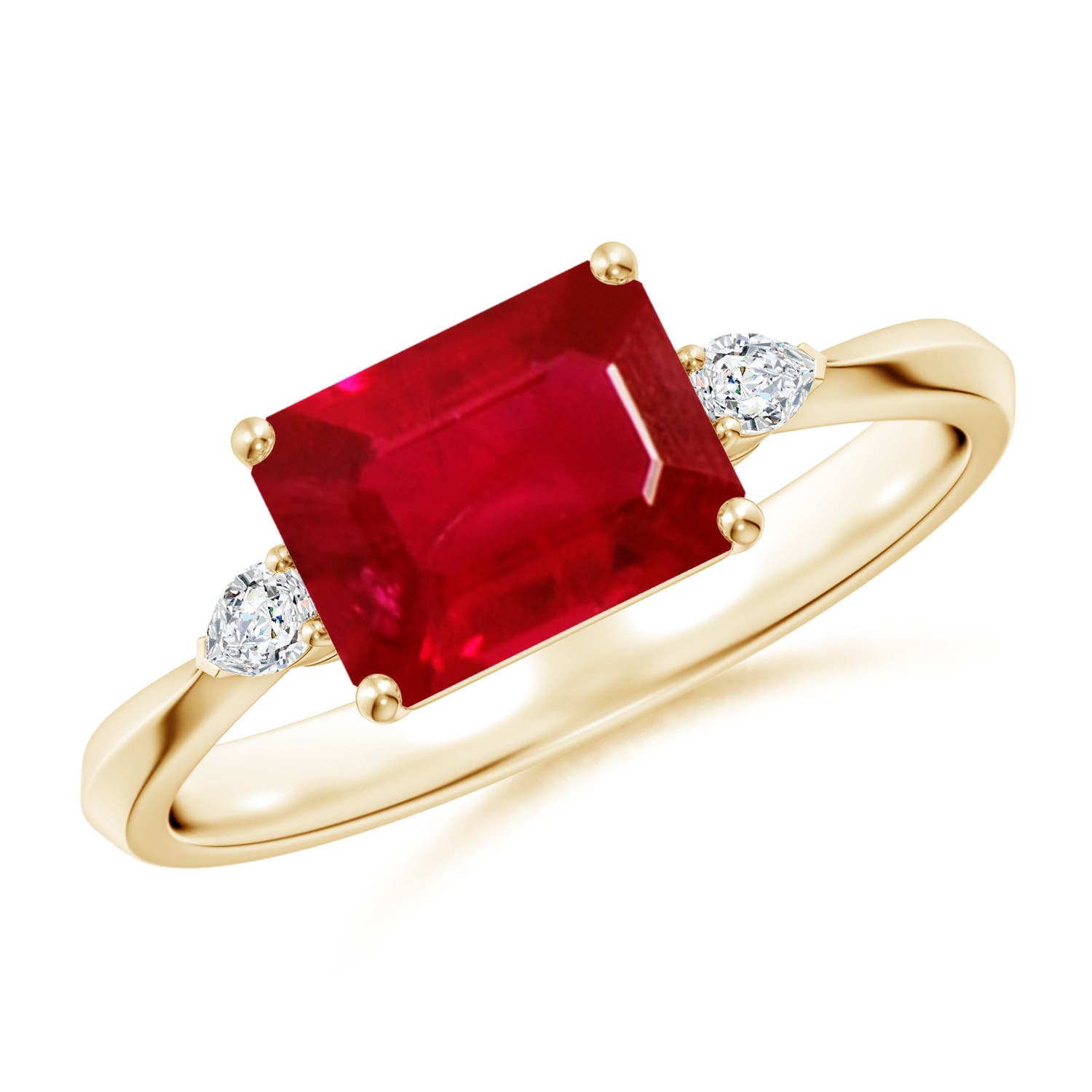 8x6mm AAA Classic East-West Emerald-Cut Ruby Side Stone Engagement Ring in Yellow Gold