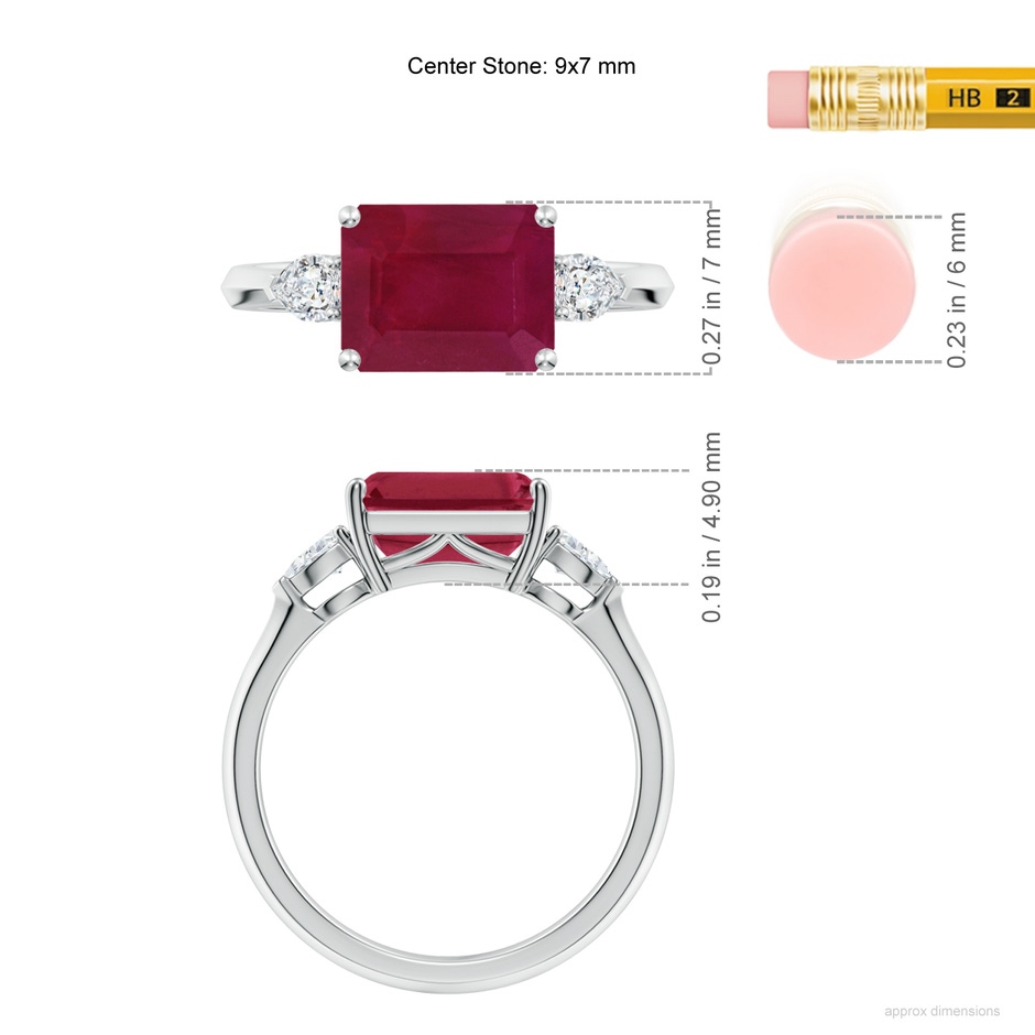 9x7mm A Classic East-West Emerald-Cut Ruby Side Stone Engagement Ring in White Gold ruler
