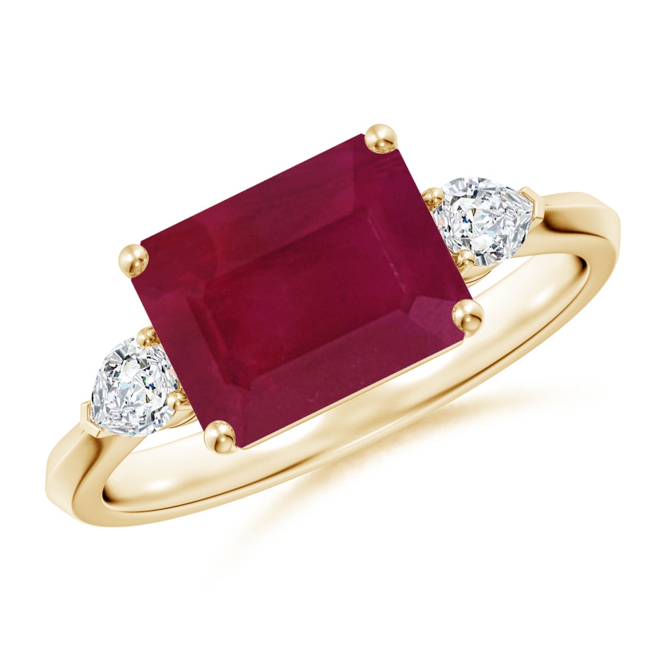 9x7mm A Classic East-West Emerald-Cut Ruby Side Stone Engagement Ring in Yellow Gold 