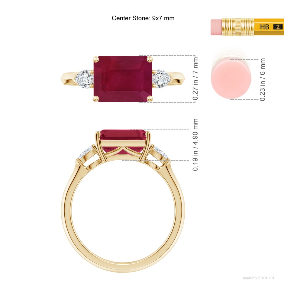 9x7mm A Classic East-West Emerald-Cut Ruby Side Stone Engagement Ring in Yellow Gold ruler