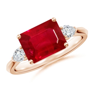 9x7mm AAA Classic East-West Emerald-Cut Ruby Side Stone Engagement Ring in 9K Rose Gold