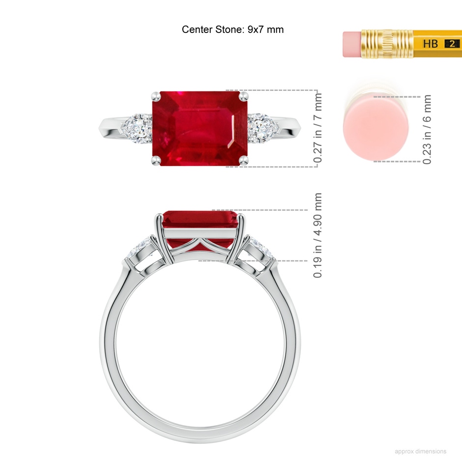 9x7mm AAA Classic East-West Emerald-Cut Ruby Side Stone Engagement Ring in P950 Platinum ruler
