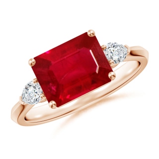 9x7mm AAA Classic East-West Emerald-Cut Ruby Side Stone Engagement Ring in Rose Gold