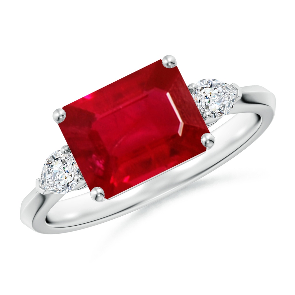 9x7mm AAA Classic East-West Emerald-Cut Ruby Side Stone Engagement Ring in White Gold