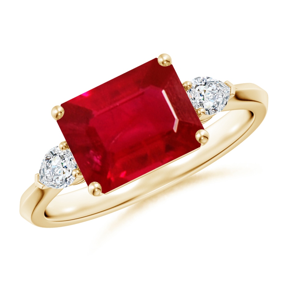 9x7mm AAA Classic East-West Emerald-Cut Ruby Side Stone Engagement Ring in Yellow Gold 