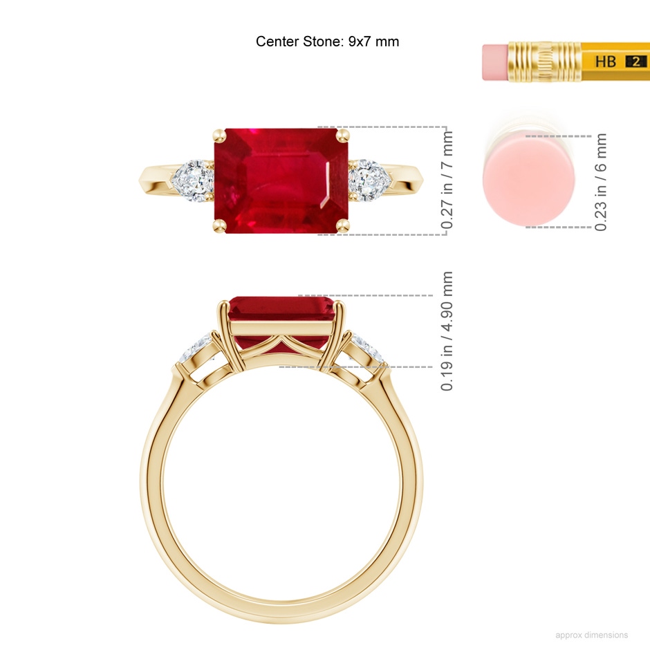 9x7mm AAA Classic East-West Emerald-Cut Ruby Side Stone Engagement Ring in Yellow Gold ruler