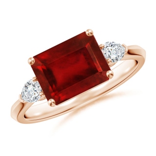 9x7mm AAAA Classic East-West Emerald-Cut Ruby Side Stone Engagement Ring in 18K Rose Gold