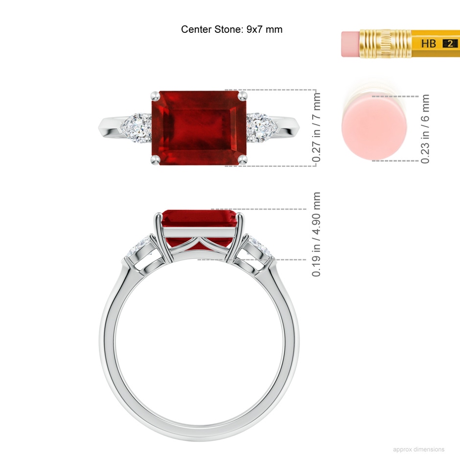 9x7mm AAAA Classic East-West Emerald-Cut Ruby Side Stone Engagement Ring in White Gold ruler