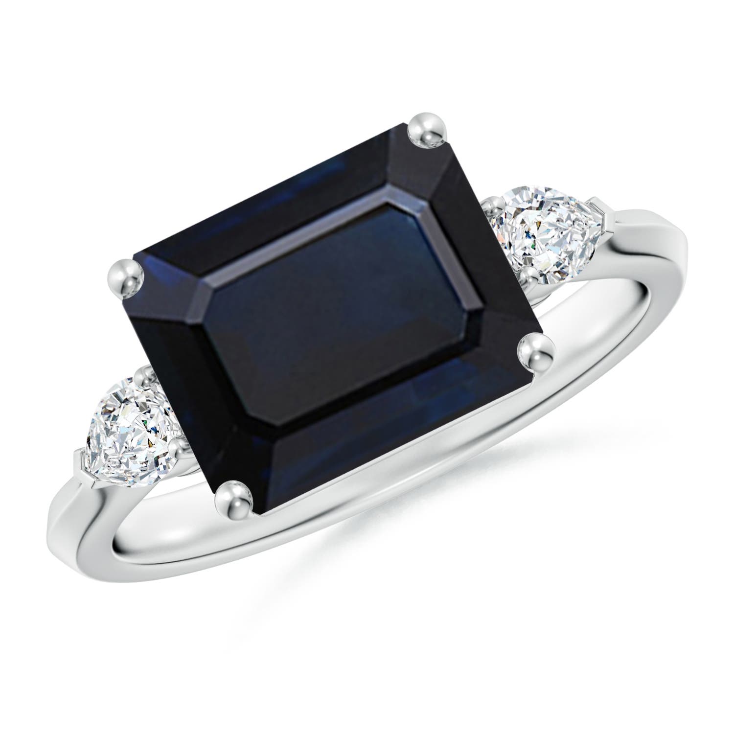 10x8mm A Classic East-West Emerald-Cut Blue Sapphire Side Stone Engagement Ring in P950 Platinum