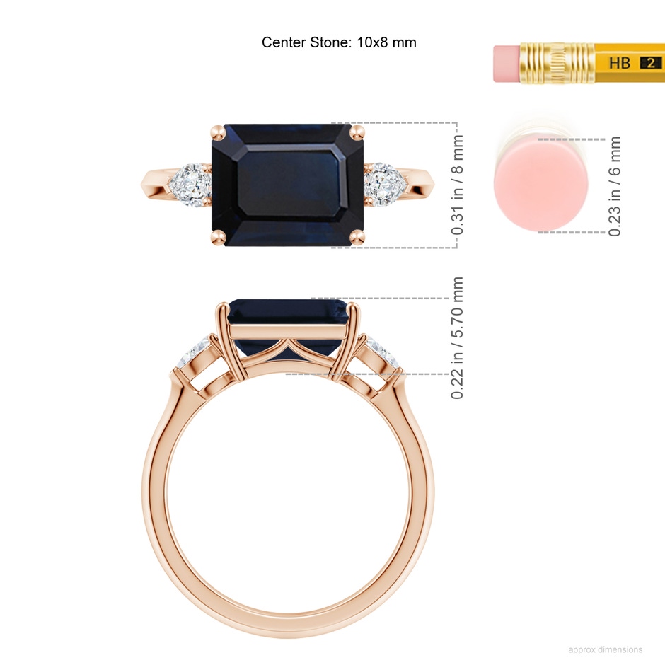 10x8mm A Classic East-West Emerald-Cut Blue Sapphire Side Stone Engagement Ring in Rose Gold ruler