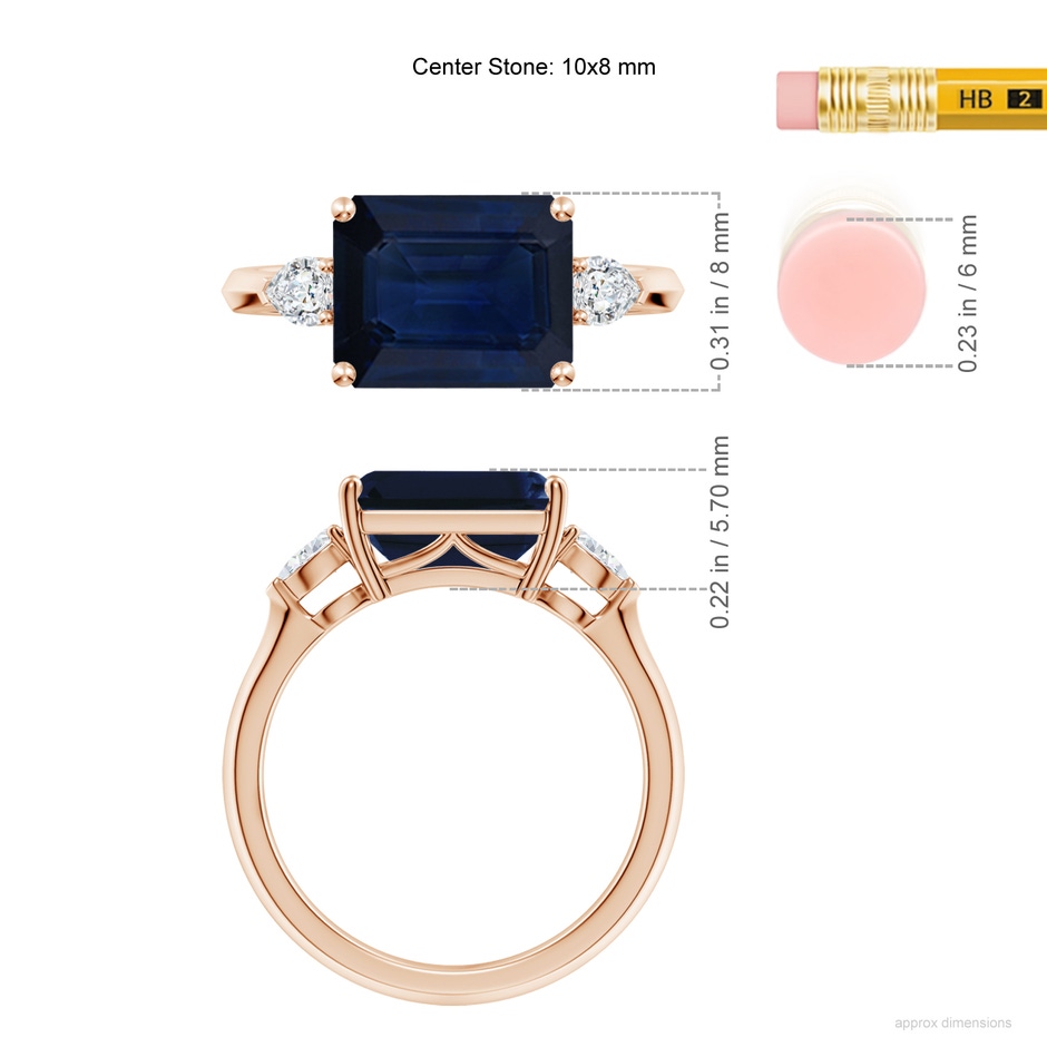 10x8mm AA Classic East-West Emerald-Cut Blue Sapphire Side Stone Engagement Ring in 18K Rose Gold ruler