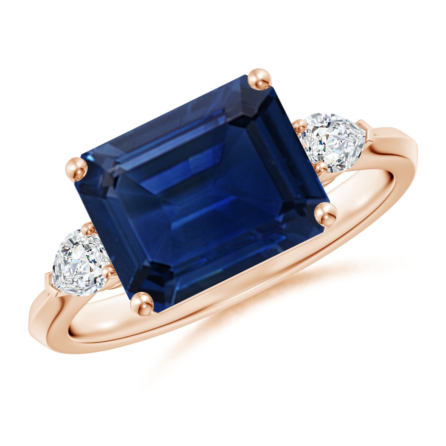 10x8mm AAA Classic East-West Emerald-Cut Blue Sapphire Side Stone Engagement Ring in Rose Gold