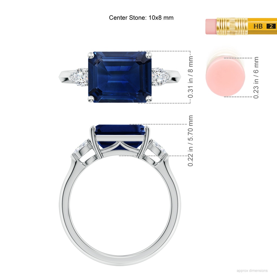 10x8mm AAA Classic East-West Emerald-Cut Blue Sapphire Side Stone Engagement Ring in White Gold ruler