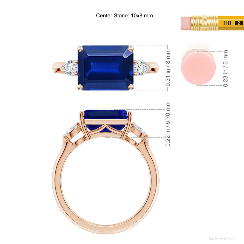 10x8mm Lab-Grown Classic East-West Emerald-Cut Blue Sapphire Side Stone Engagement Ring in 18K Rose Gold ruler