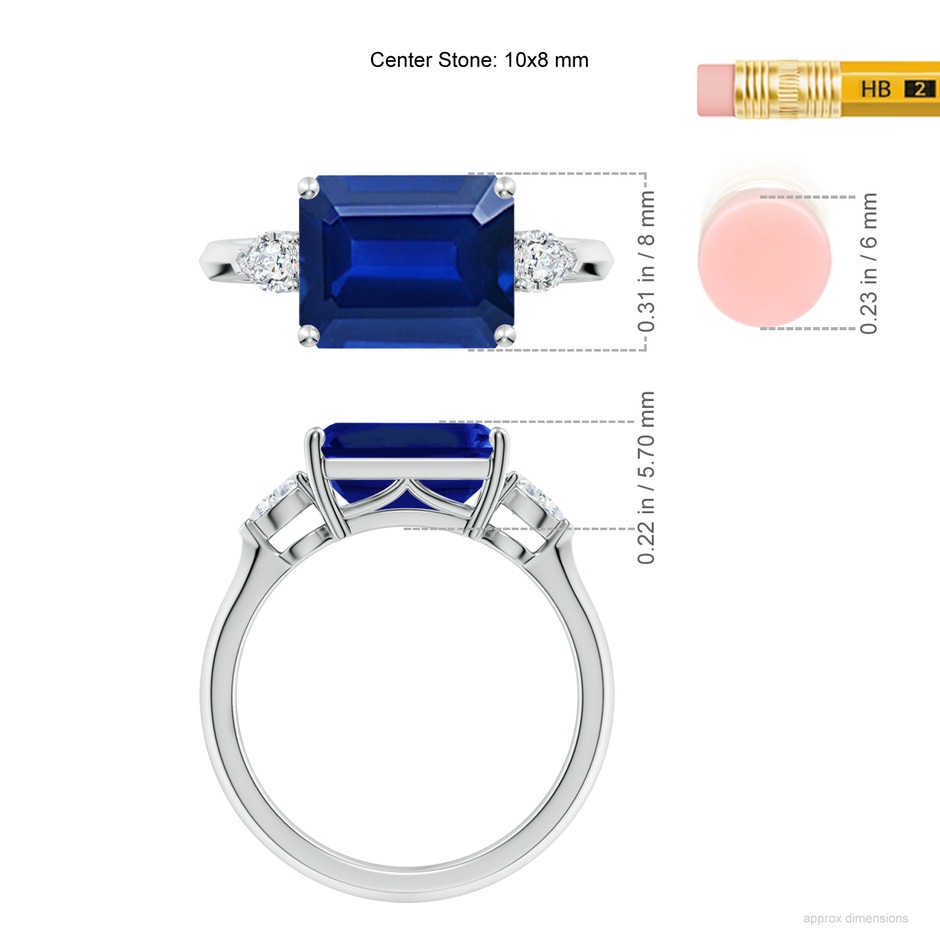 10x8mm AAAA Classic East-West Emerald-Cut Blue Sapphire Side Stone Engagement Ring in P950 Platinum ruler