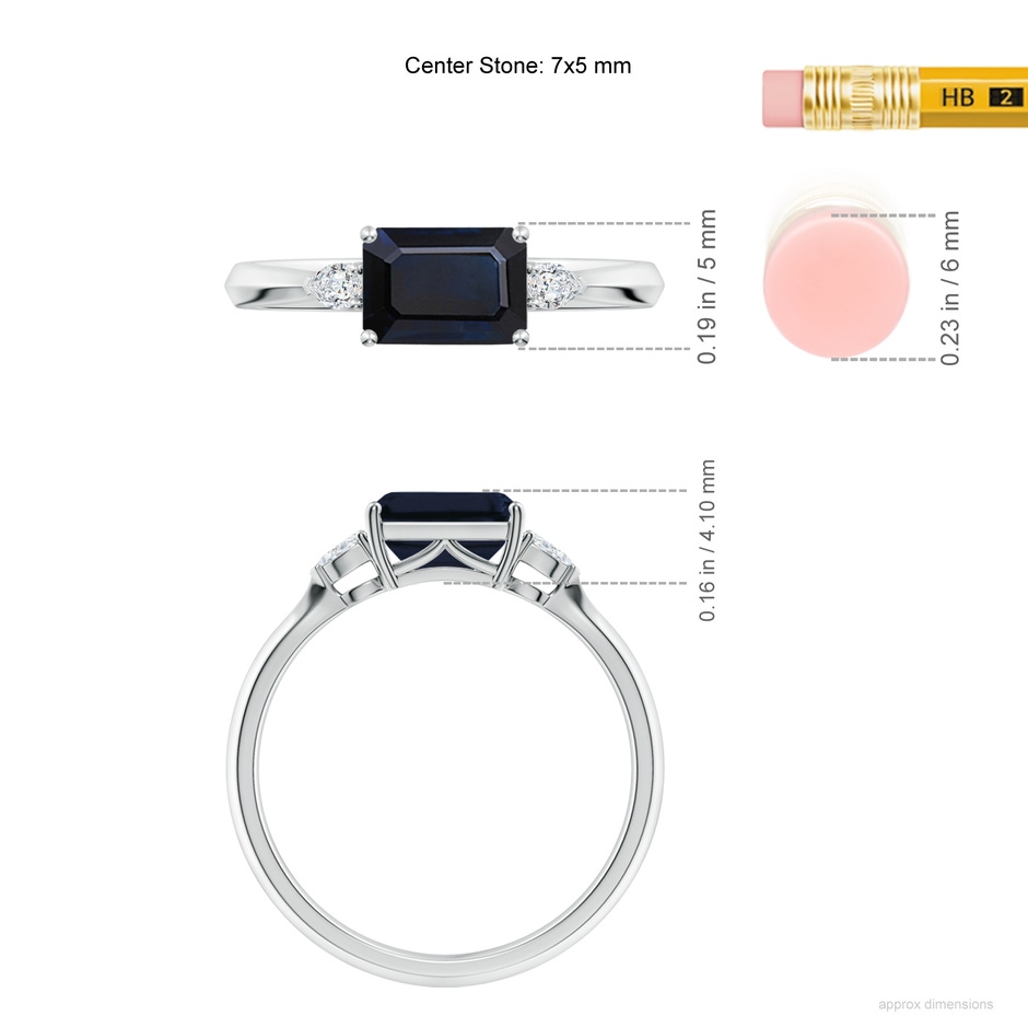 7x5mm A Classic East-West Emerald-Cut Blue Sapphire Side Stone Engagement Ring in White Gold ruler