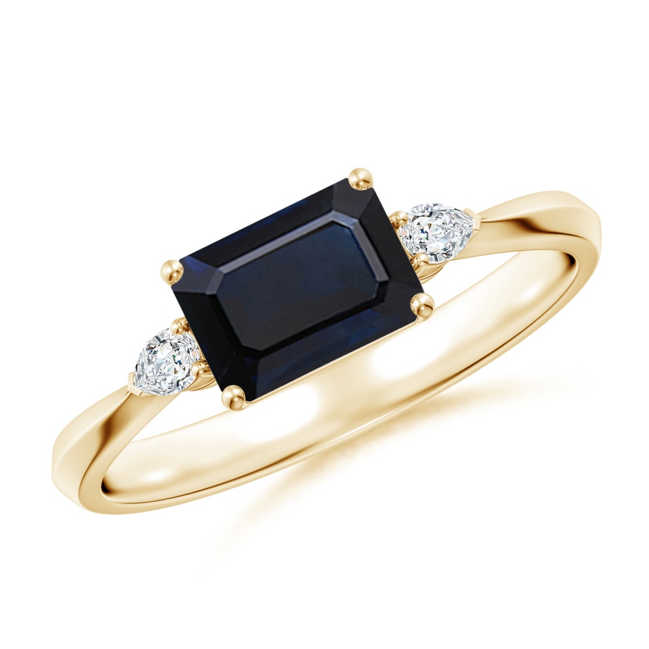7x5mm A Classic East-West Emerald-Cut Blue Sapphire Side Stone Engagement Ring in Yellow Gold 