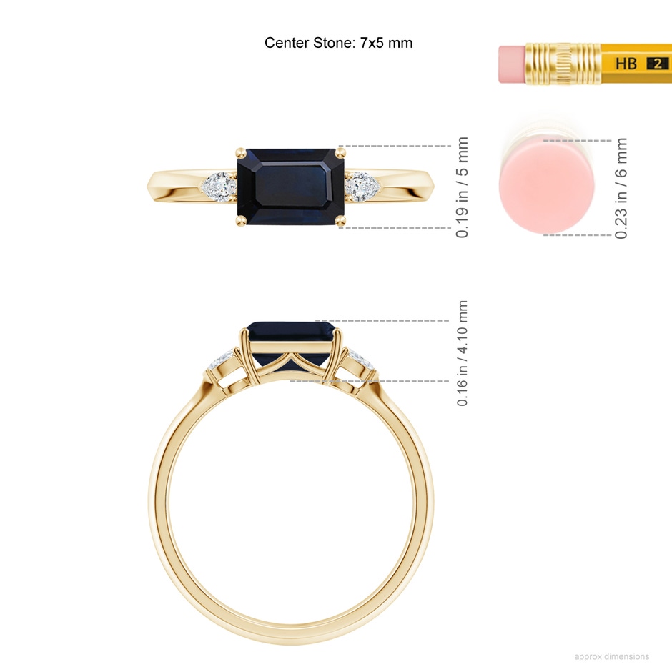 7x5mm A Classic East-West Emerald-Cut Blue Sapphire Side Stone Engagement Ring in Yellow Gold ruler