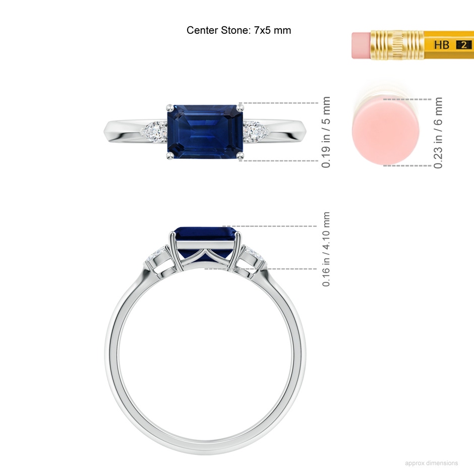 7x5mm AAA Classic East-West Emerald-Cut Blue Sapphire Side Stone Engagement Ring in 18K White Gold ruler