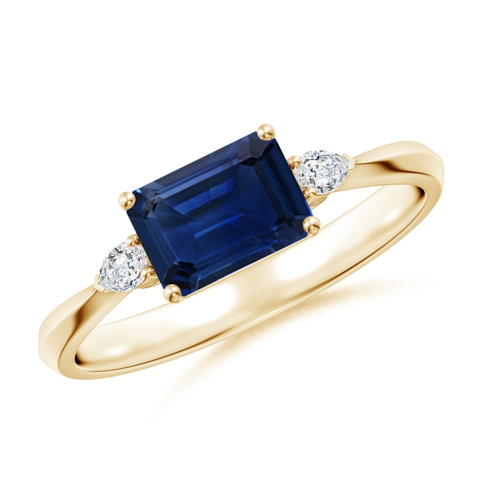 7x5mm AAA Classic East-West Emerald-Cut Blue Sapphire Side Stone Engagement Ring in Yellow Gold 