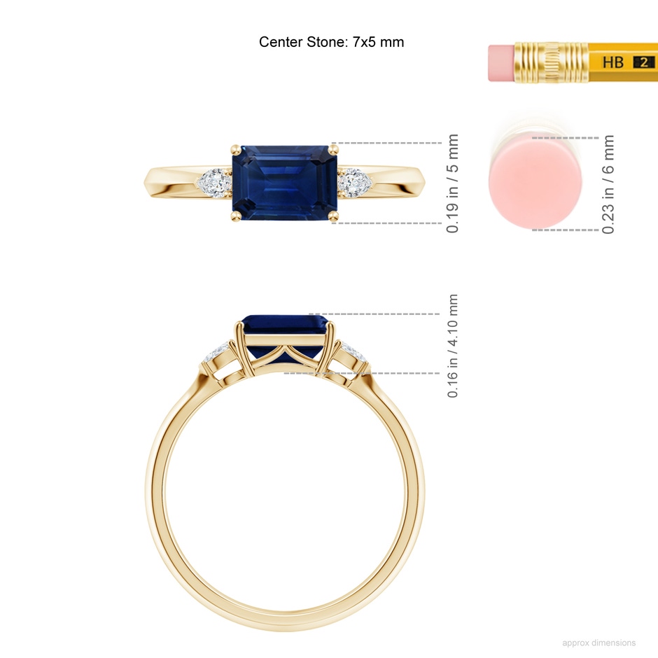 7x5mm AAA Classic East-West Emerald-Cut Blue Sapphire Side Stone Engagement Ring in Yellow Gold ruler