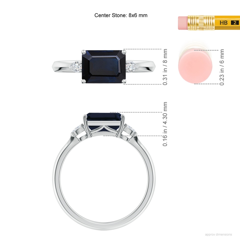 8x6mm A Classic East-West Emerald-Cut Blue Sapphire Side Stone Engagement Ring in White Gold ruler
