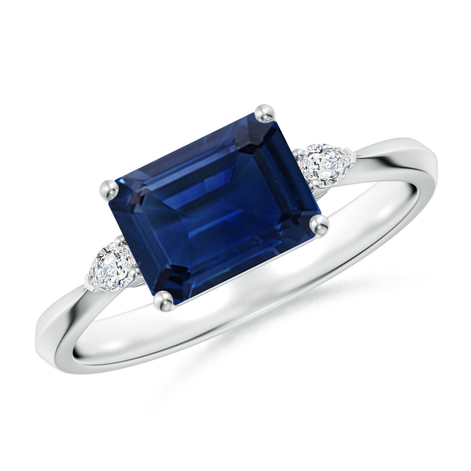 8x6mm AAA Classic East-West Emerald-Cut Blue Sapphire Side Stone Engagement Ring in White Gold