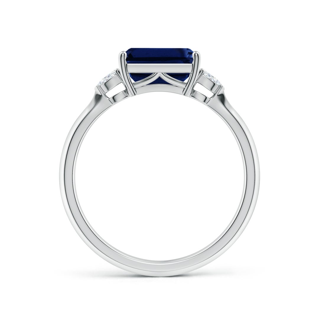 8x6mm AAA Classic East-West Emerald-Cut Blue Sapphire Side Stone Engagement Ring in White Gold - side 2